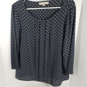 LOFT Gray/Soft Pink Polka Dot Pleated Blouse Large